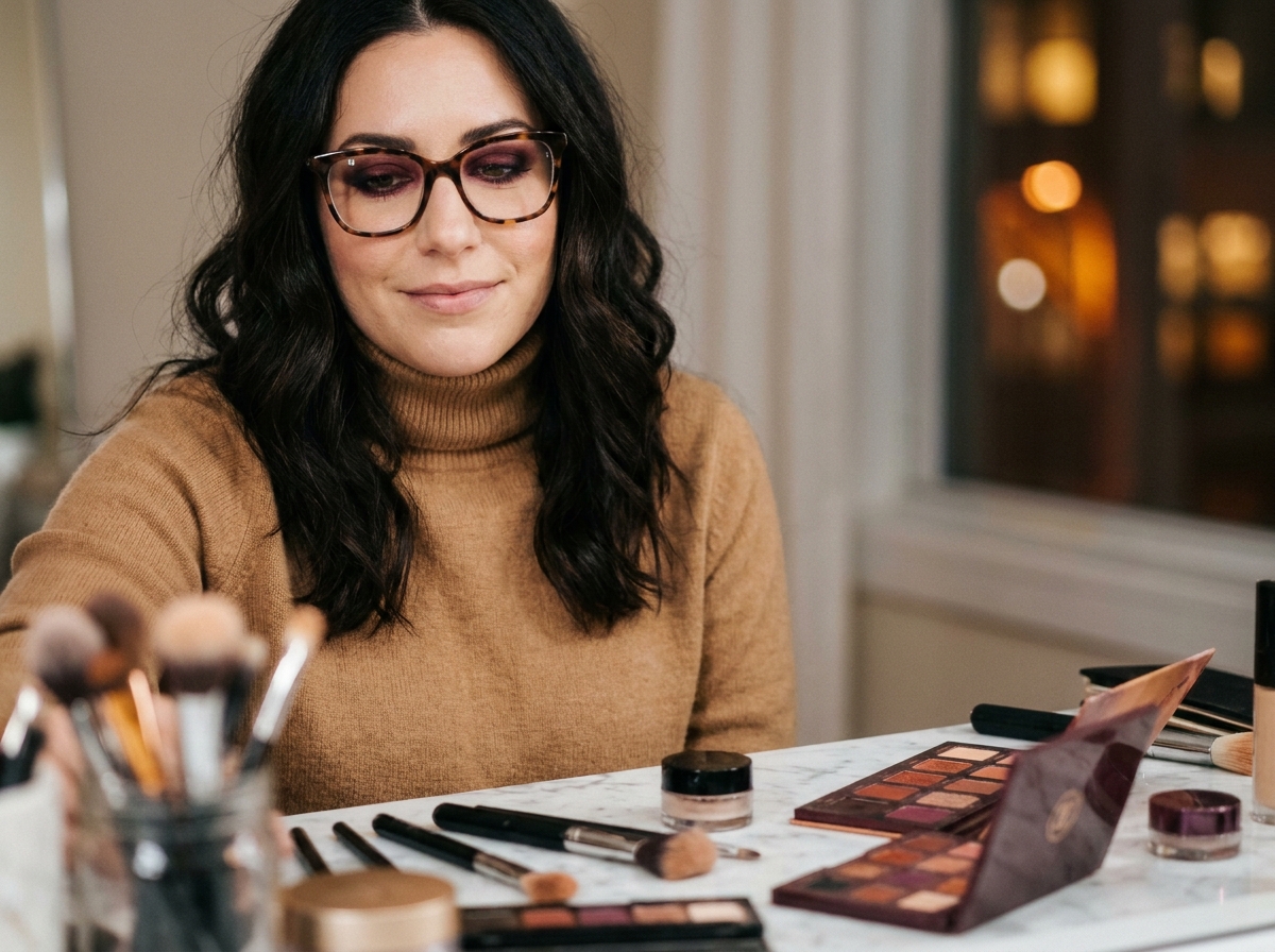 Femme portant des lunettes en acétate écaille avec un maquillage smoky bordeaux et un pull col roulé camel, tendances automne-hiver 2026