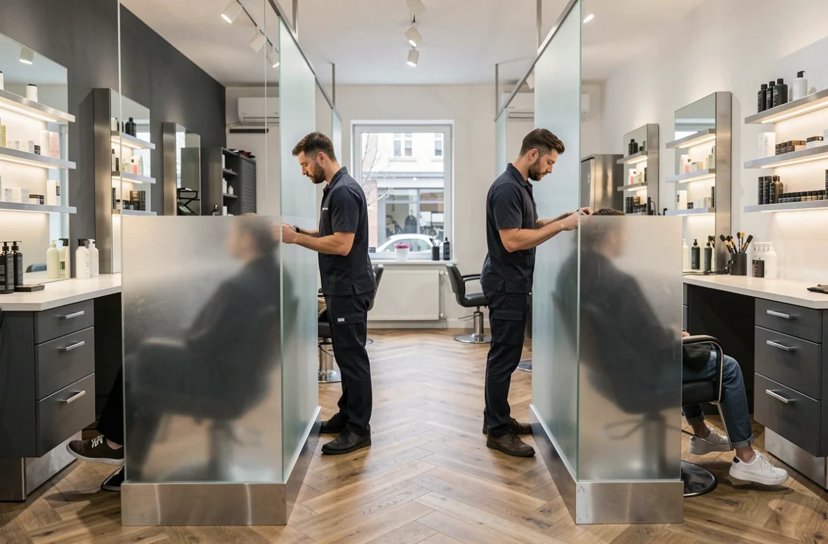 Deux coiffeurs stylistes au travail dans le salon Marco Coiffeurs Stylistes à Meylan, côte à côte dans un décor professionnel