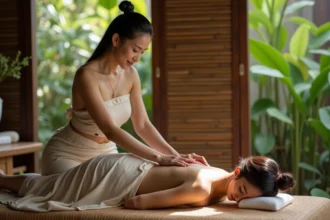 Femme balinaise effectuant un massage traditionnel dans un spa intérieur