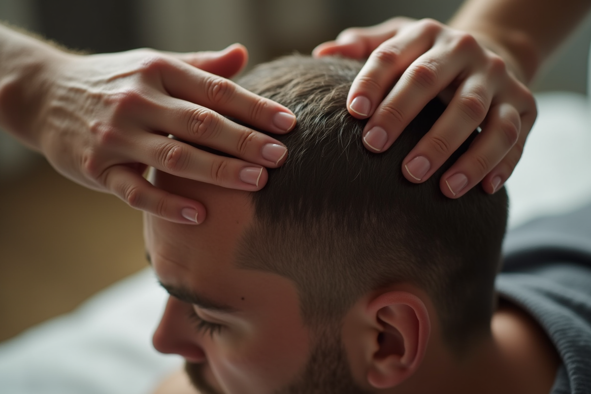 Gros plan sur des mains massant un cuir chevelu d homme
