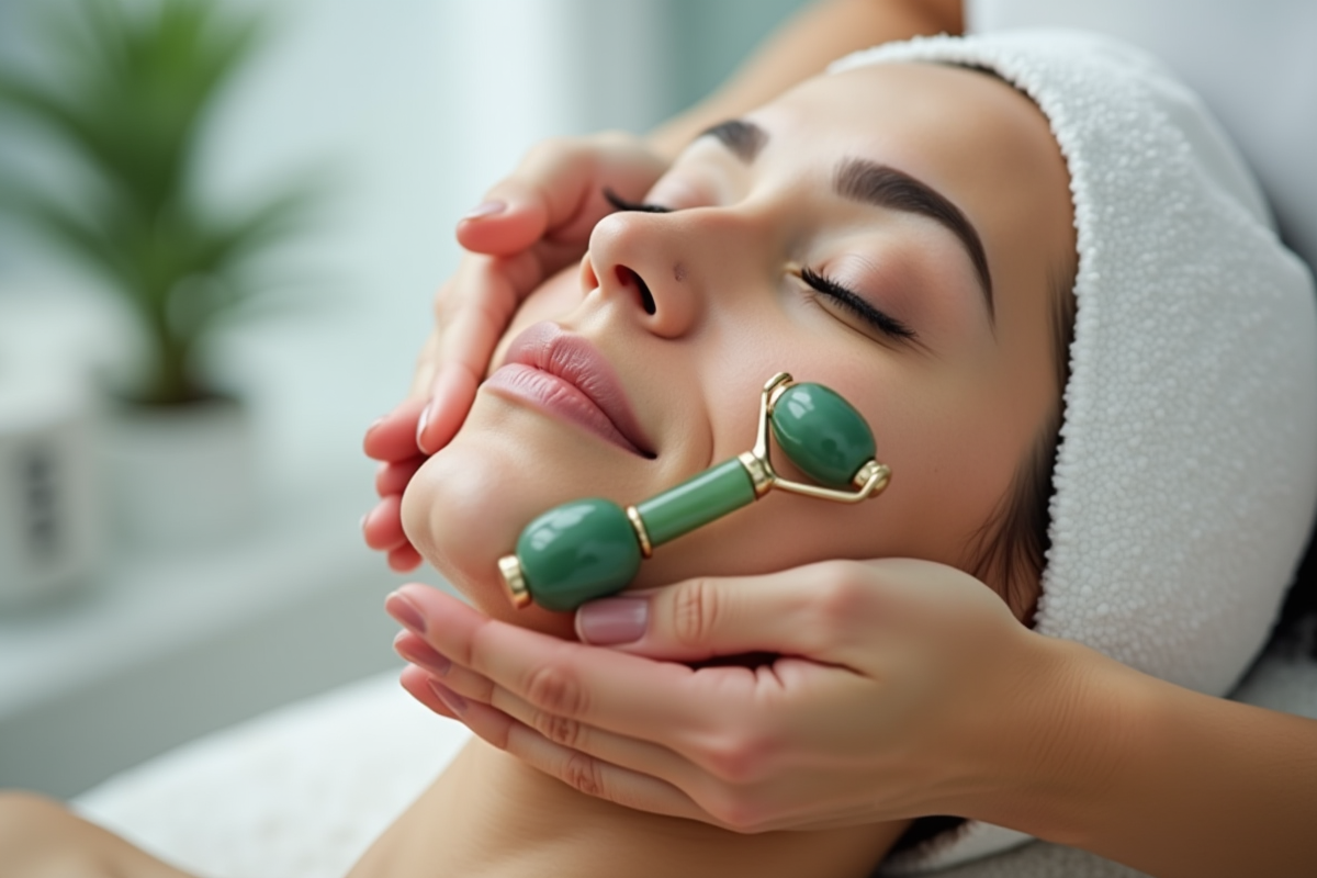 Mains utilisant un roller de jade pour un massage facial sur une personne mature