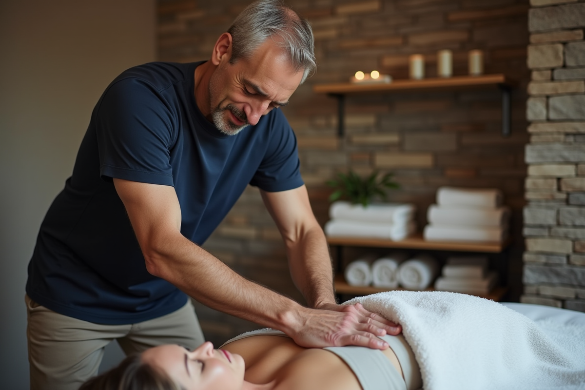 Homme masseur réalisant un massage relaxant à une cliente