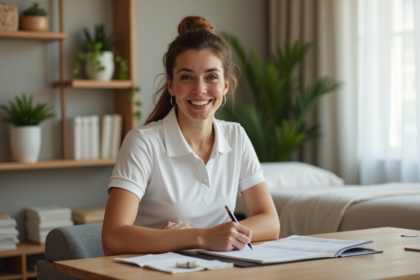 Femme masseuse assise au bureau dans un spa calme