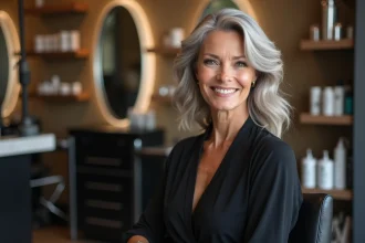 Femme de 50 ans en salon de coiffure avec des mèches caramel et champagne sur cheveux gris-blanc