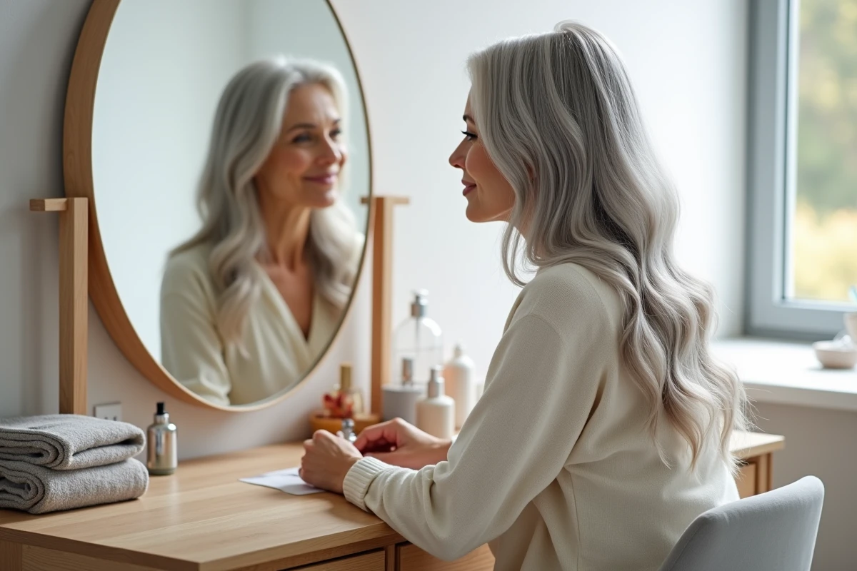 Femme de 55 ans devant son miroir avec mèches miel et platine sur cheveux gris longs pour rajeunir le visage