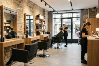 Intérieur d'un salon de coiffure moderne en Auvergne-Rhône-Alpes avec des coiffeurs au travail