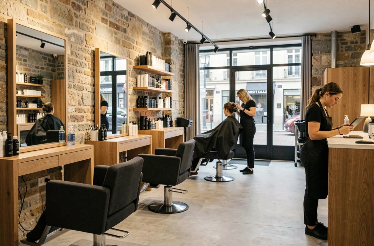 Intérieur d'un salon de coiffure moderne en Auvergne-Rhône-Alpes avec des coiffeurs au travail