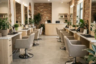 Intérieur d'un salon de coiffure moderne en Isère avec stations de coiffage et miroirs professionnels