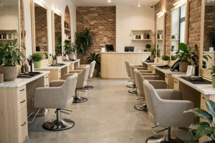 Intérieur d'un salon de coiffure moderne en Isère avec stations de coiffage et miroirs professionnels