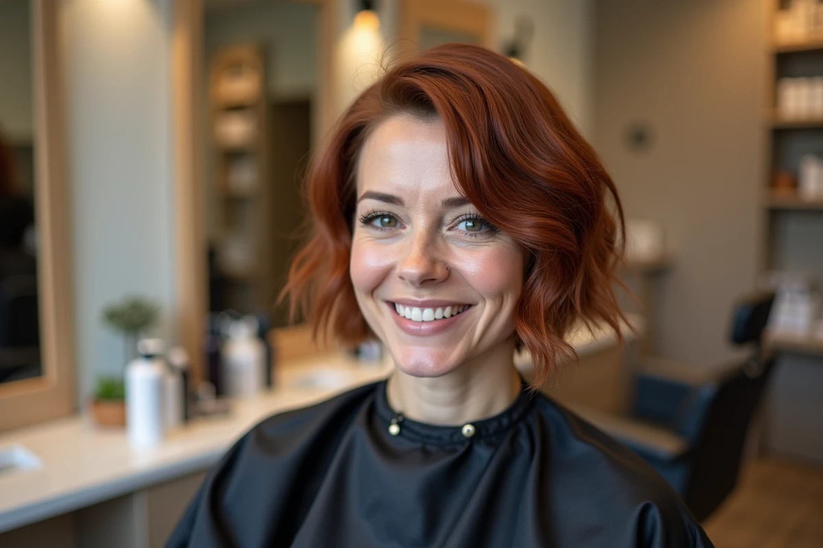 Femme aux cheveux courts fins avec une mini vague après coloration assise dans un fauteuil de salon de coiffure professionnel