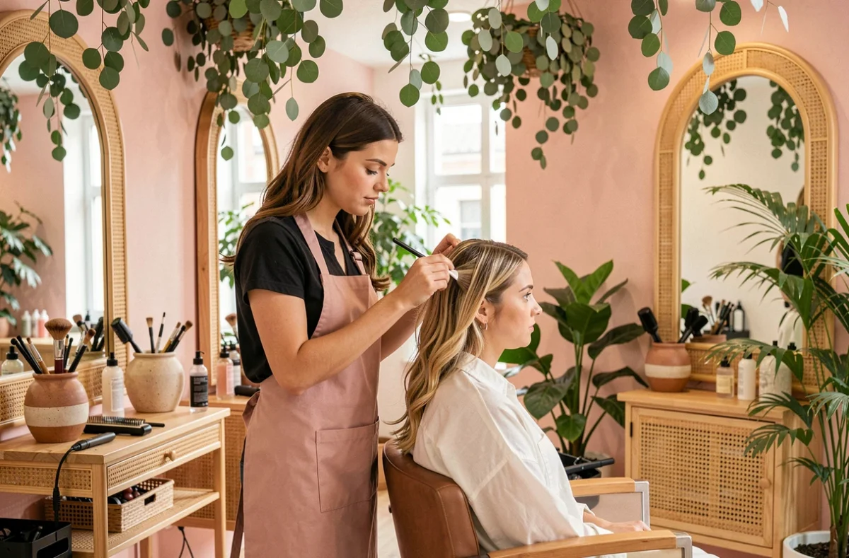 Jeune coiffeuse appliquant des mèches sur une cliente dans le salon Nalea Coiffure à Meylan avec décor botanique rose et vert