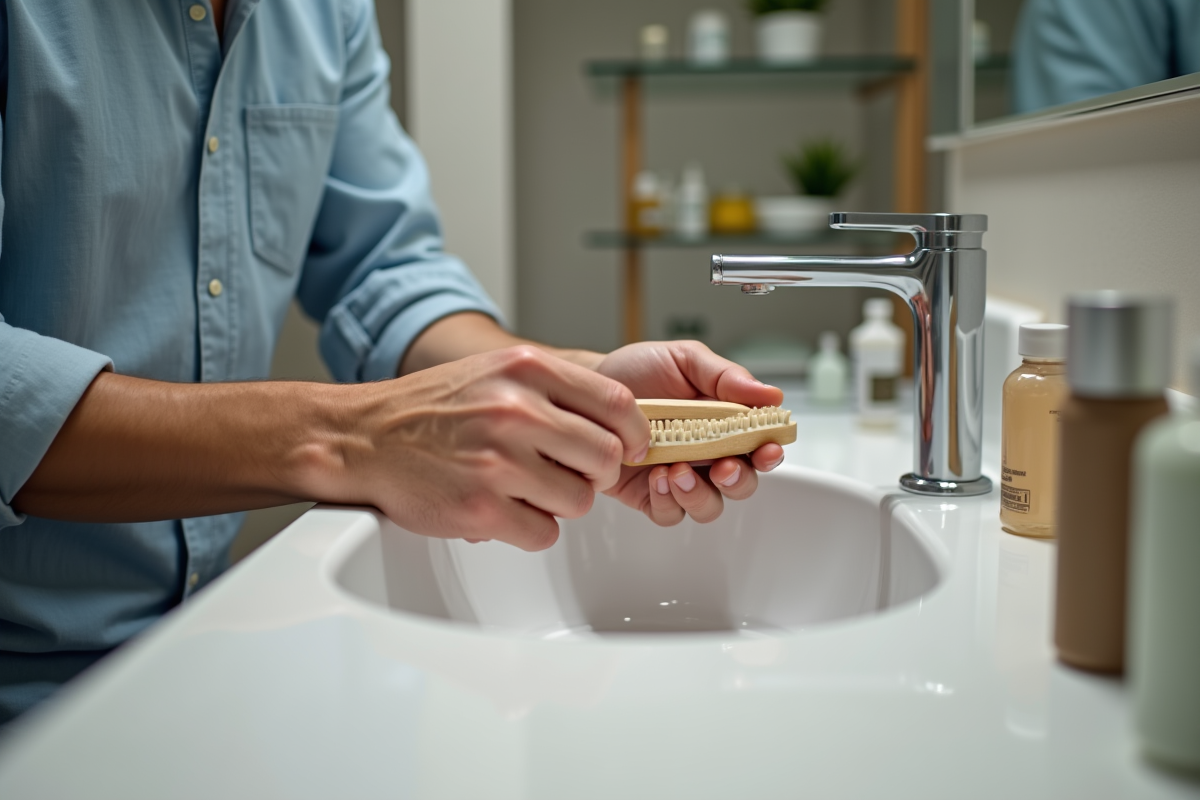 Jeune homme nettoyant ses ongles avec une brosse dans la salle de bain