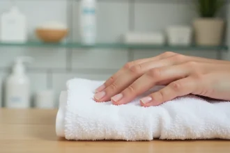 Gros plan sur un ongle fendu verticalement sur une serviette blanche, routine de soin pour ongles abîmés