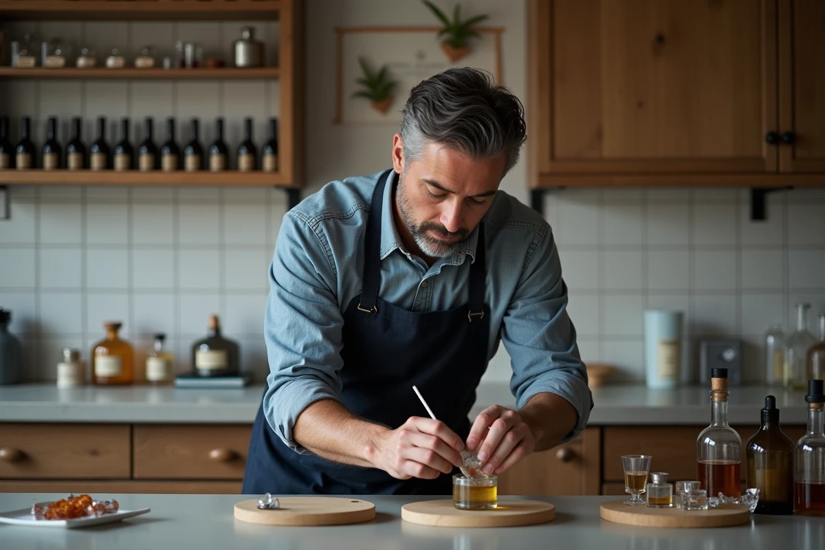 Parfumeur masculin au travail dans un laboratoire de création olfactive avec des flacons d'essences aromatiques