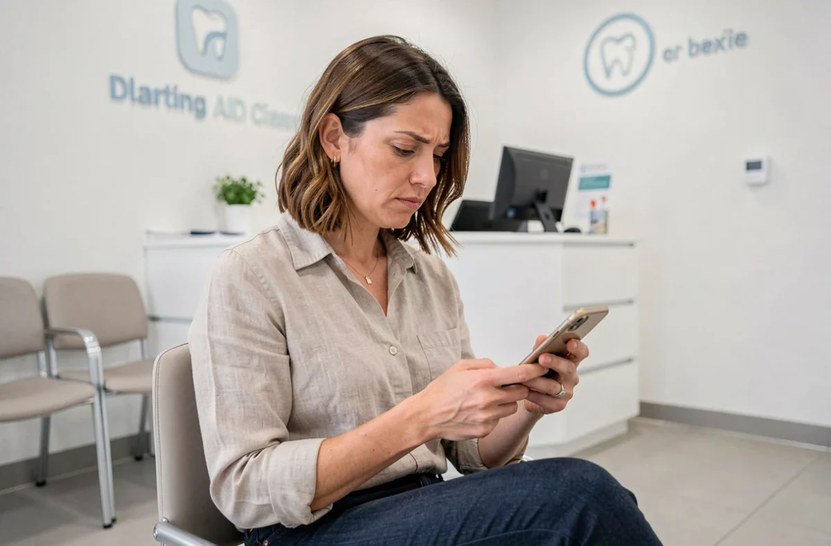 Patiente consultant les avis The Smilist sur son smartphone dans la salle d'attente d'une clinique dentaire moderne