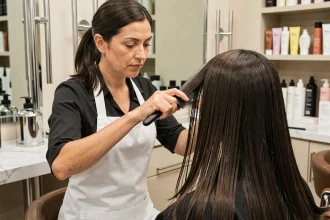 Coiffeuse professionnelle appliquant un traitement lissant sur les cheveux d'une cliente en salon de coiffure haut de gamme