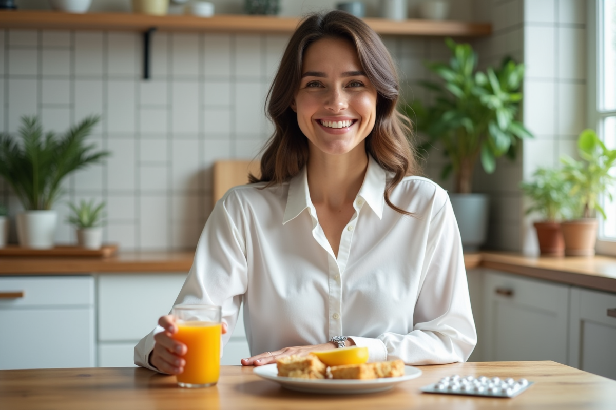 Femme souriante avec jus d'orange et petit déjeuner sain