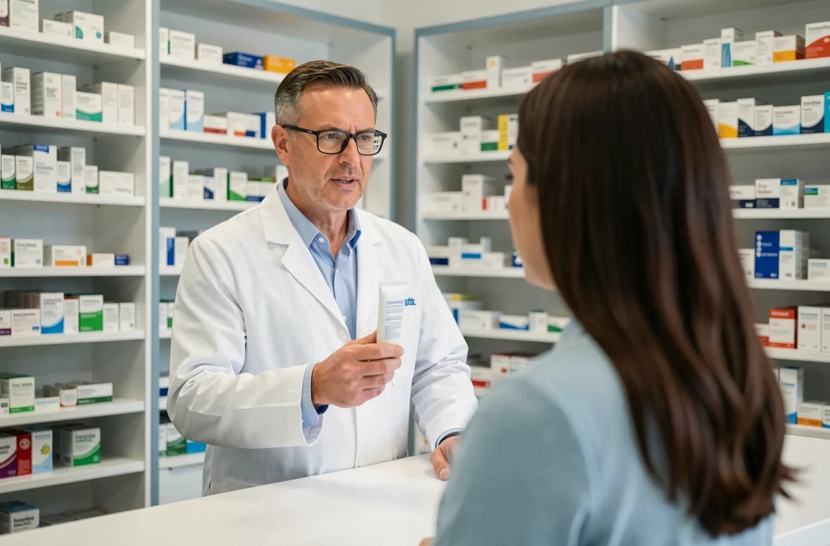 Pharmacien conseillant une patiente sur l'utilisation de la crème Halcare pour les cicatrices récentes dans une pharmacie