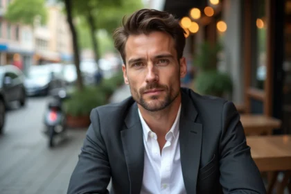 Homme en portrait dans un café urbain animé