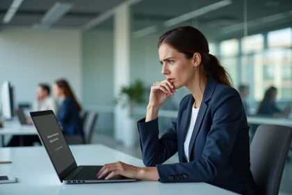 Femme frustrée face à un écran d'erreur de connexion sur un ordinateur portable dans un bureau d'entreprise