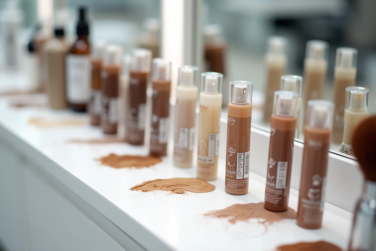 Gamme de produits professionnels de coloration capillaire disposés sur un comptoir de salon de coiffure