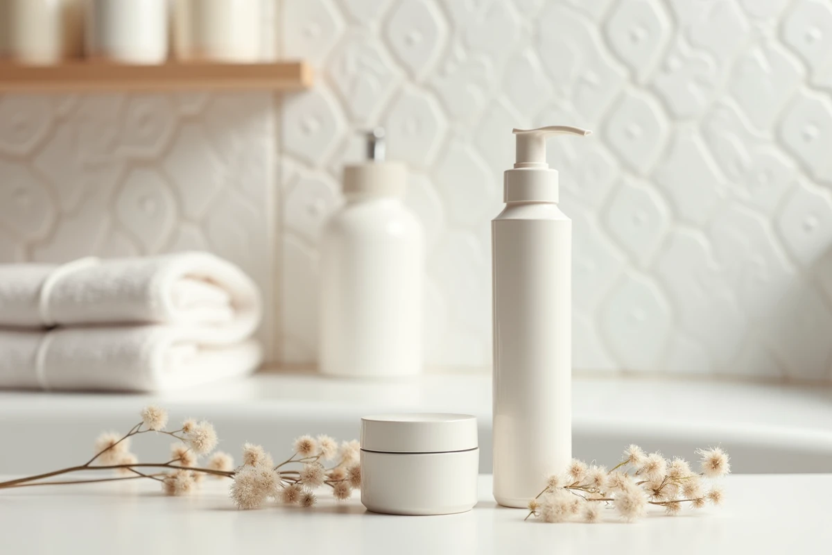 Produits de soin Filorga gamme Time-Filler et Hydra-Hyal posés sur une surface en céramique blanche avec fleurs séchées