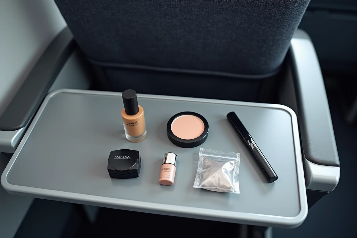 Flat lay de produits cosmétiques format voyage disposés sur une tablette d'avion, dont fond de teint miniature et trousse transparente