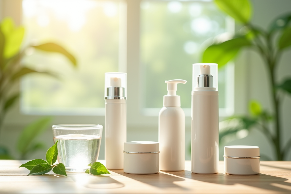 Produits de soin du visage avec feuilles vertes et eau de rose