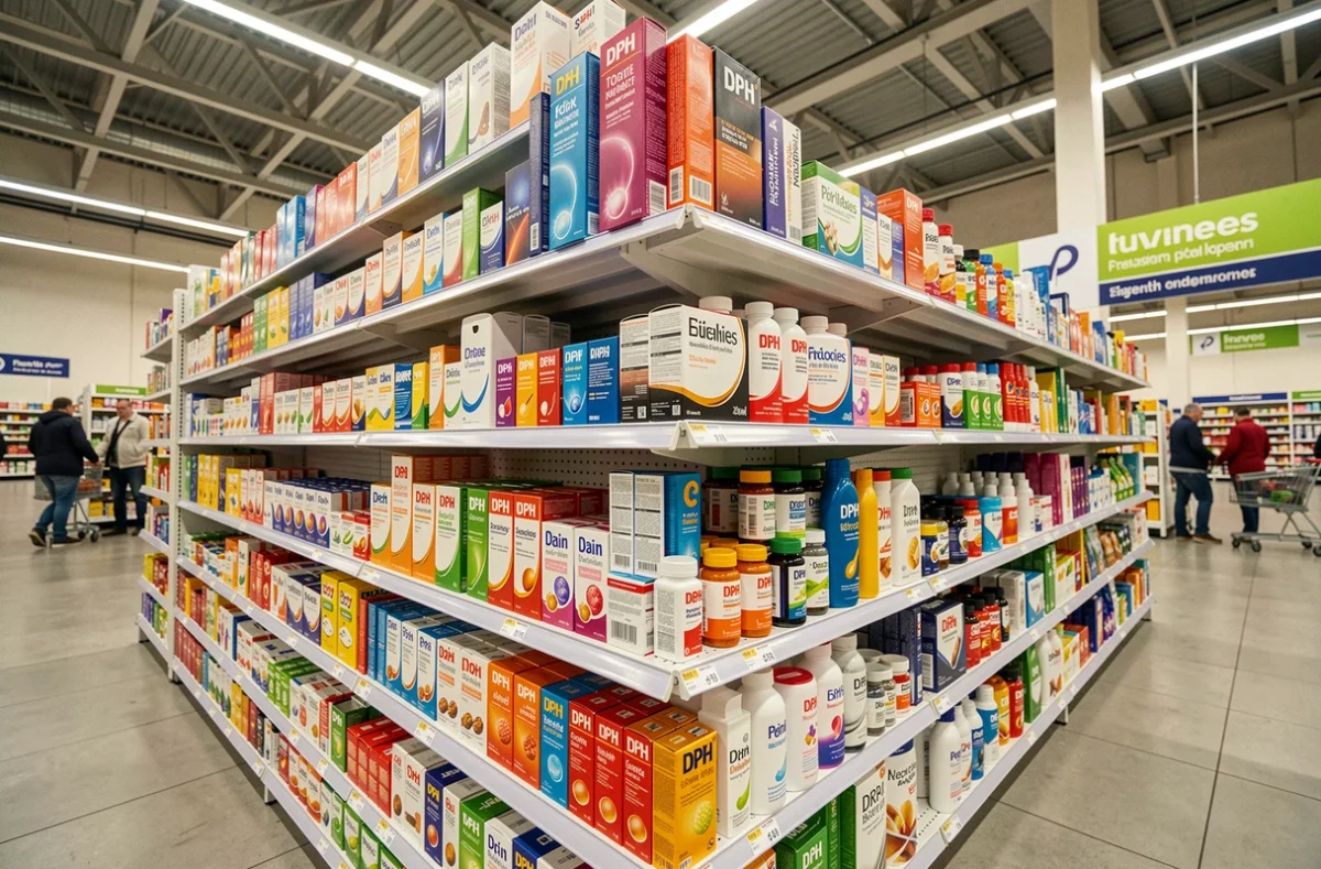 Rayon DPH bien achalandé dans un hypermarché avec produits de santé en libre-service