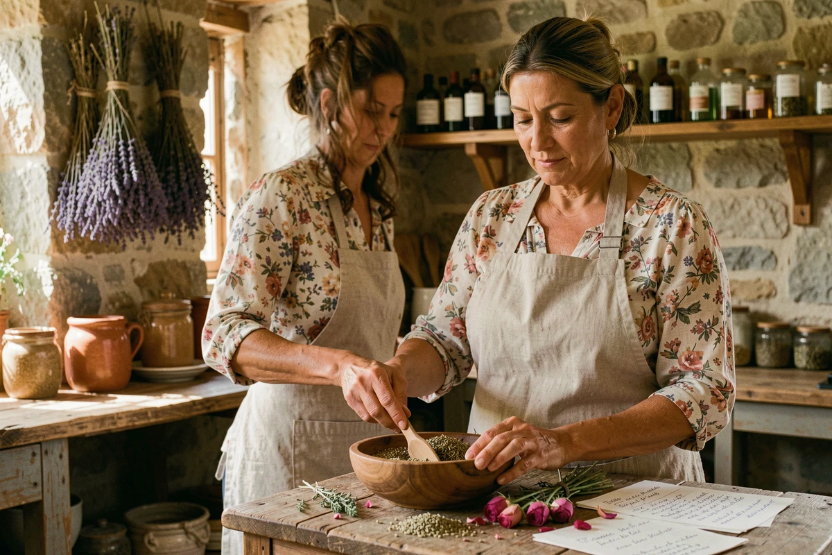 Femme mature préparant une recette de grand-mère à base de plantes naturelles pour prendre soin de sa silhouette dans une cuisine rustique