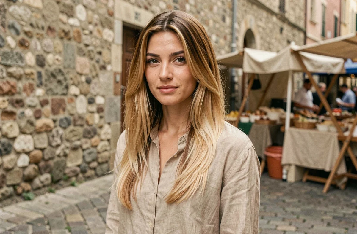 Jeune femme aux cheveux ombre caramel-blond dans une rue pavée européenne, résultat naturel et tendance d'une coloration ombre nomade réussie