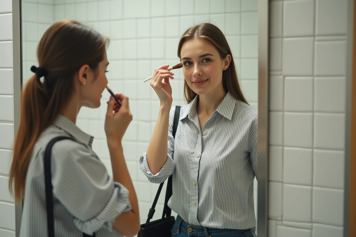 Femme retouchant son maquillage devant un miroir dans des toilettes d'aéroport avec un pinceau correcteur