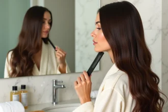 Femme appliquant un masque capillaire sur ses extensions de cheveux devant un miroir de salle de bain moderne