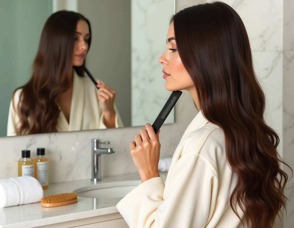 Femme appliquant un masque capillaire sur ses extensions de cheveux devant un miroir de salle de bain moderne