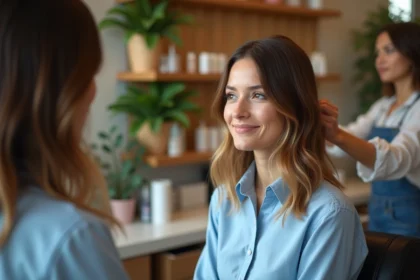 Femme souriante dans un salon de coiffure moderne