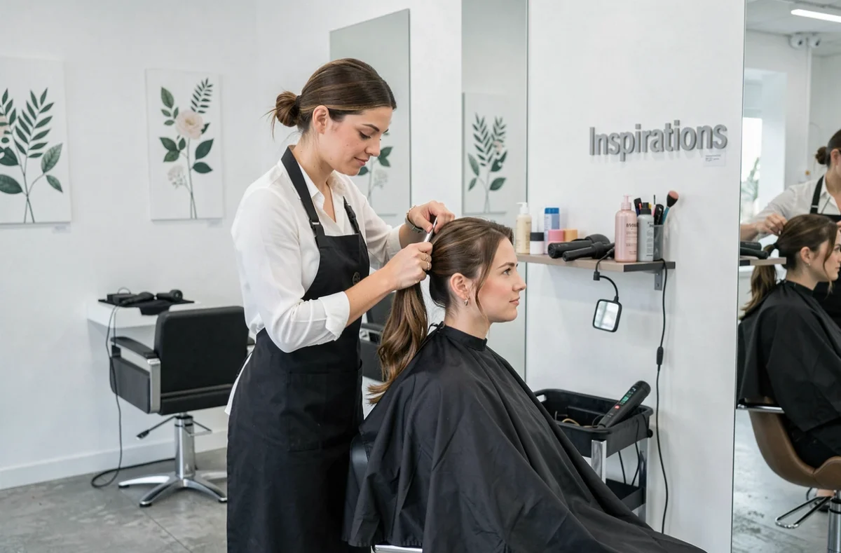 Coiffeuse réalisant une coupe précise sur une cliente dans le salon Inspirations à Grenoble