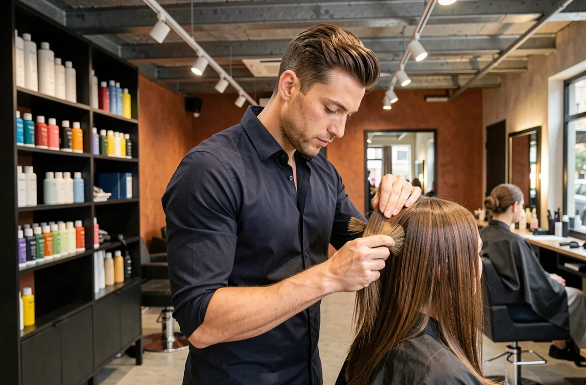 Coiffeur appliquant une coloration dans l'un des salons Second Face à Lyon