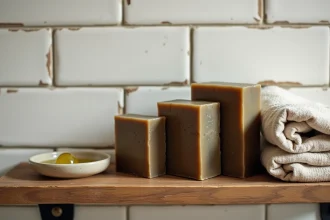 Savons d'Alep artisanaux posés sur une étagère de salle de bain zéro déchet avec tissu en lin et huile d'olive