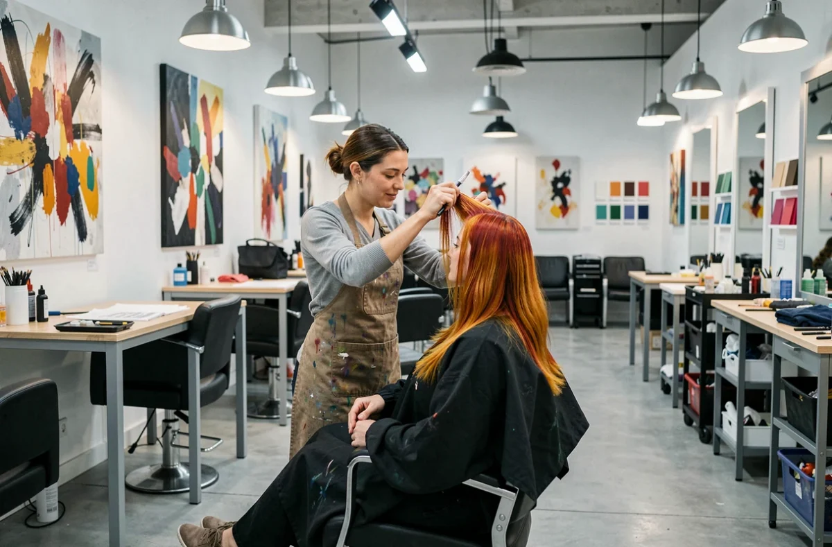 Salon de coiffure artistique à Grenoble avec une coiffeuse appliquant une coloration créative sur une cliente
