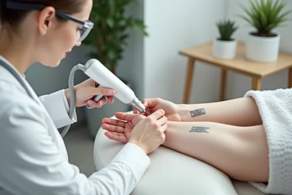 Séance de détatouage laser dans une clinique esthétique parisienne du Marais, praticienne appliquant un laser sur un tatouage en cours d'effacement sur l'avant-bras d'une patiente