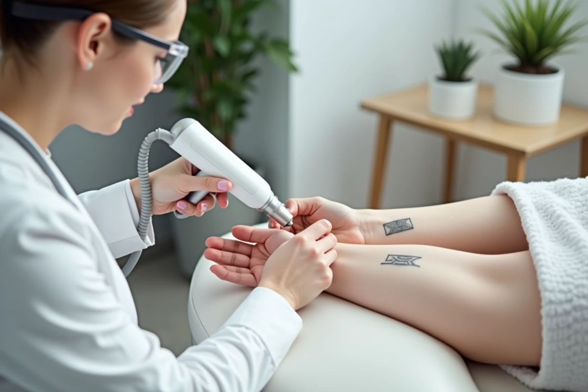 Séance de détatouage laser dans une clinique esthétique parisienne du Marais, praticienne appliquant un laser sur un tatouage en cours d'effacement sur l'avant-bras d'une patiente
