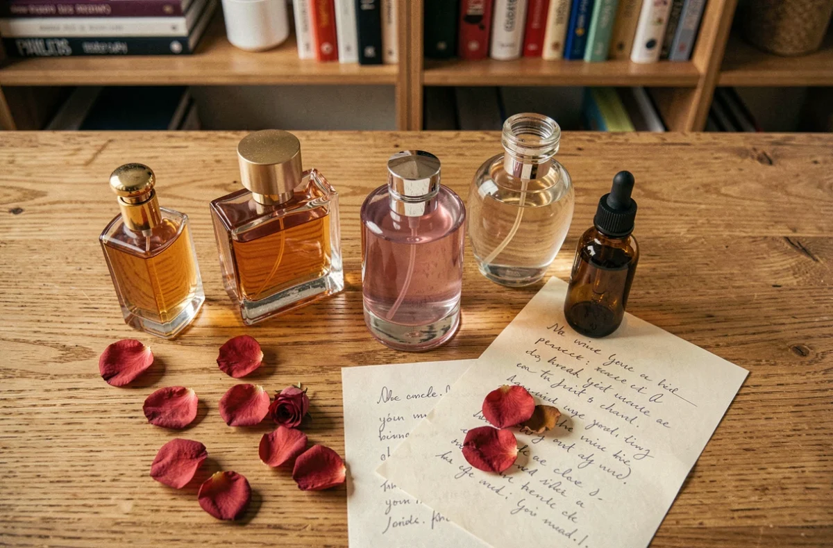 Flat-lay de flacons de parfum variés sur bois avec pétales séchés illustrant une sélection olfactive capsule