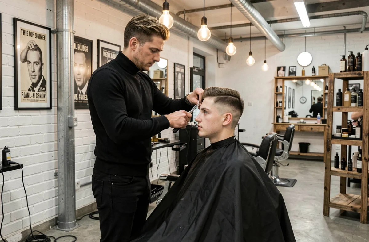 Coiffeur masculin réalisant un dégradé précis sur un client dans le salon Skalp'Hair à Voiron avec décor industriel chic