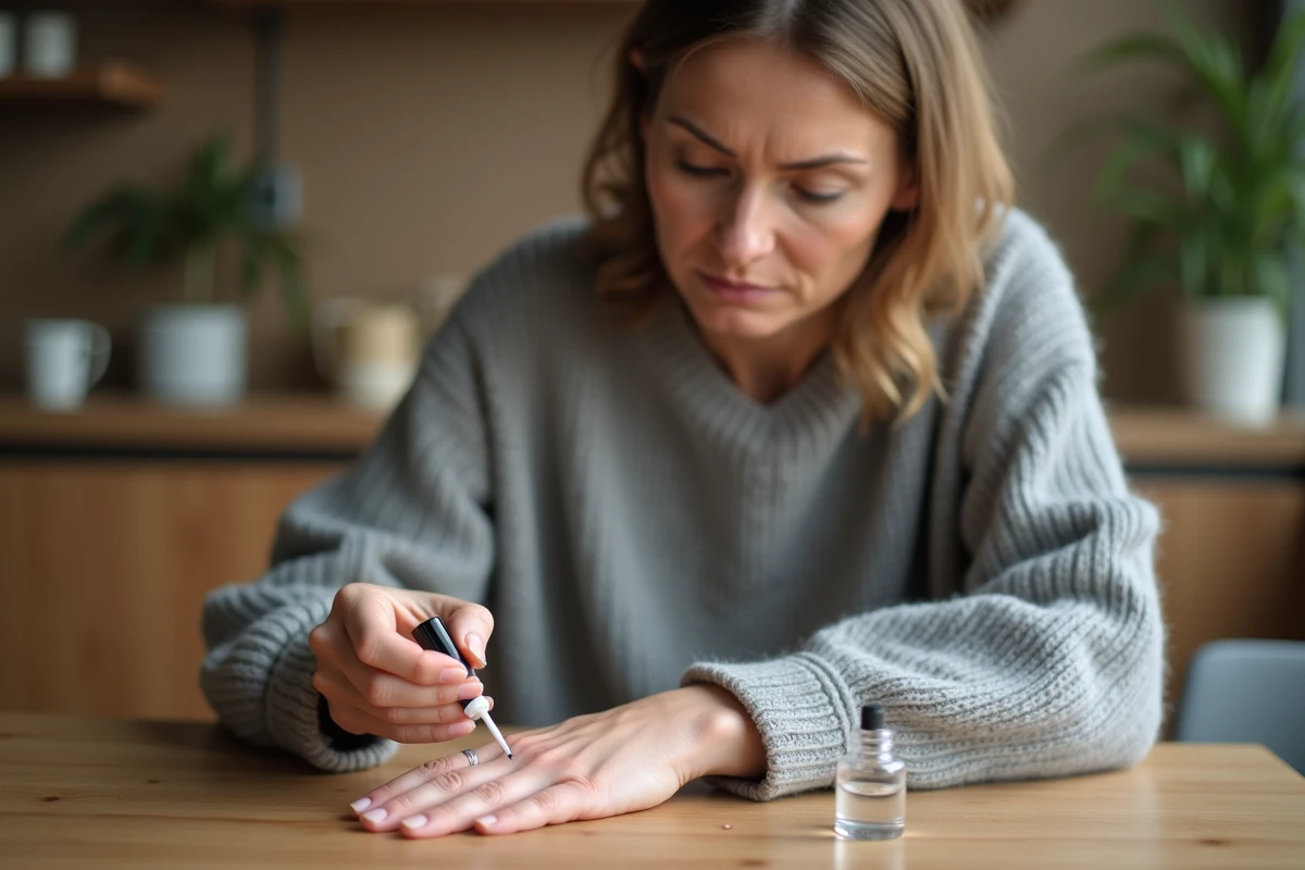Femme appliquant un soin réparateur sur un ongle fendu à la maison, routine beauté naturelle