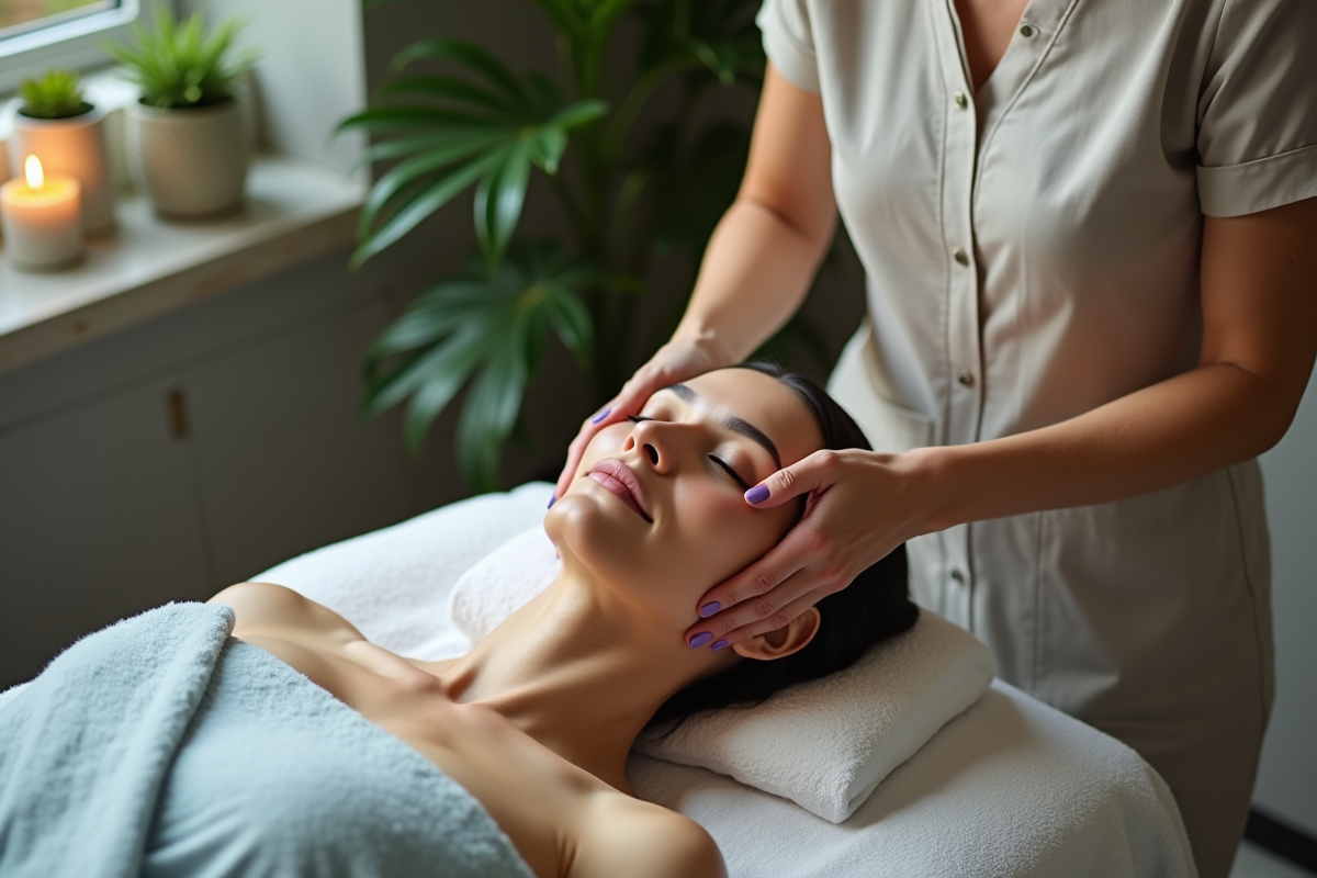Estheticienne en tunique bleue réalisant un soin visage