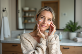 Femme appliquant une creme sur le visage dans une salle de bain naturelle