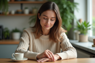 Femme appliquant creme sur ses ongles naturels dans la cuisine