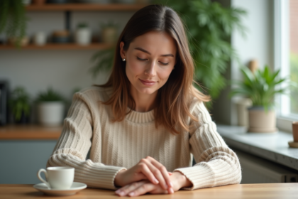 Femme appliquant creme sur ses ongles naturels dans la cuisine