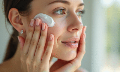 Mains d'une femme appliquant une creme visage dans une salle de bain lumineuse