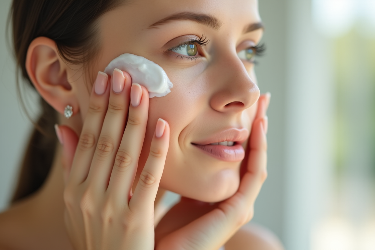 Mains d'une femme appliquant une creme visage dans une salle de bain lumineuse